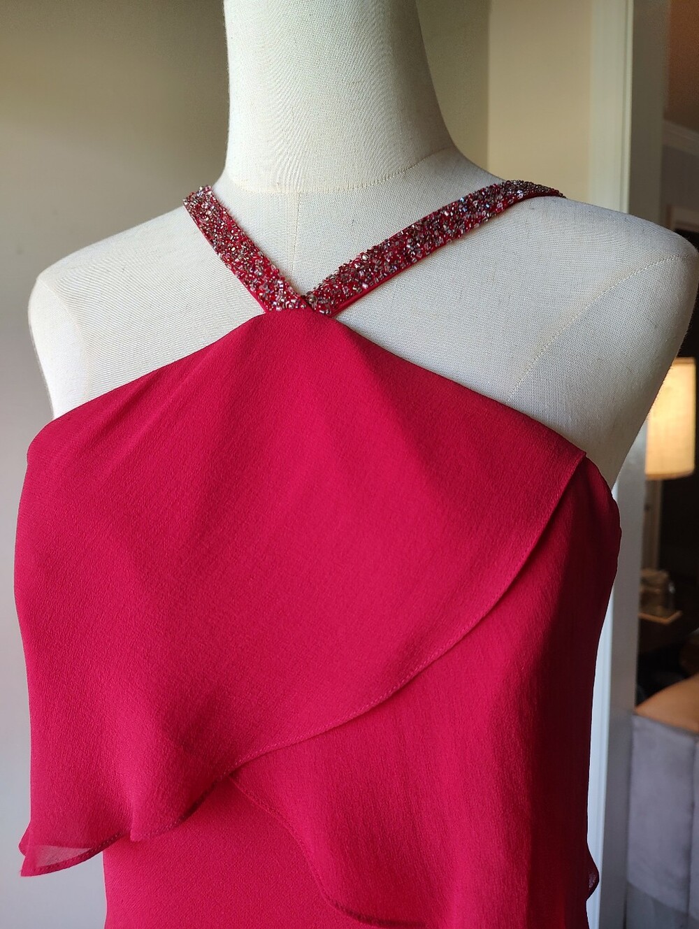 Daymor Couture Crimson Red Tiered Silk Chiffon Halter Rhinestone Dress Gown 6